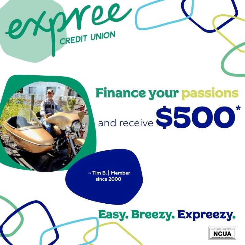 Expree member on his Harley Davidson. Let Expree Finance your passions and receive $500