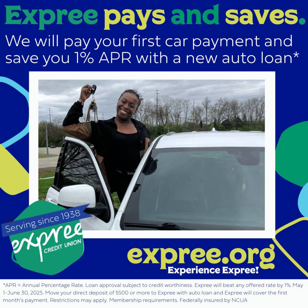 Expree Member shows off keys to new car. And Expree has special auto loan offer for May and June.